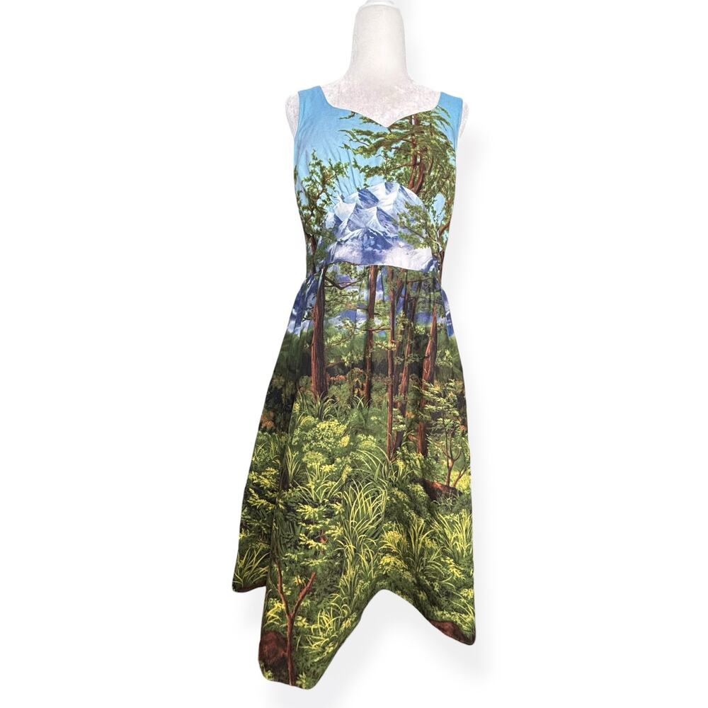 Retrolicious‎ Forest Mountain Scenic Print Fit Flare Midi Dress Small Bob Ross